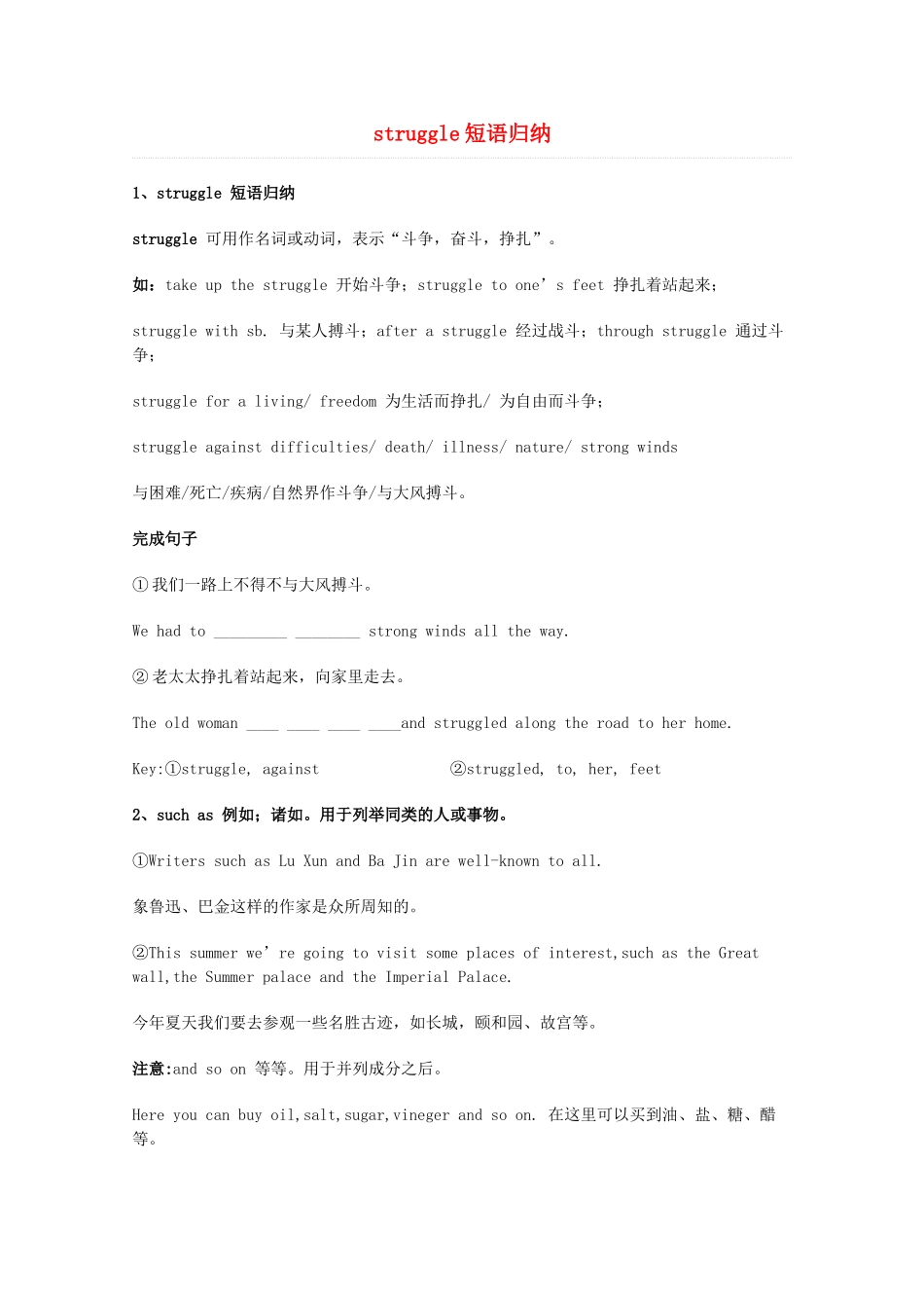 2014届高考英语 重点词汇归纳 struggle短语归纳复习剖析_第1页