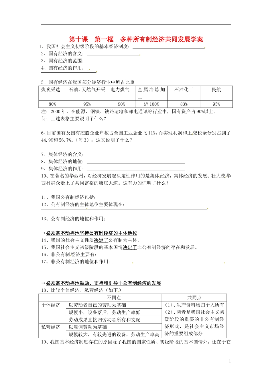 2014届高考政治 多种所有制经济共同发展复习说课教案 新人教版必修1_第1页