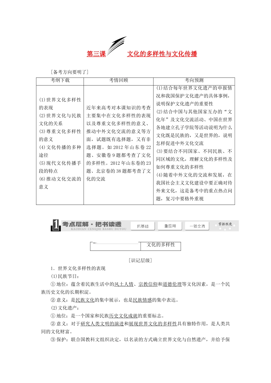 2014届高考政治一轮复习 2.3文化的多样性与文化传播学案 新人教版必修3_第1页