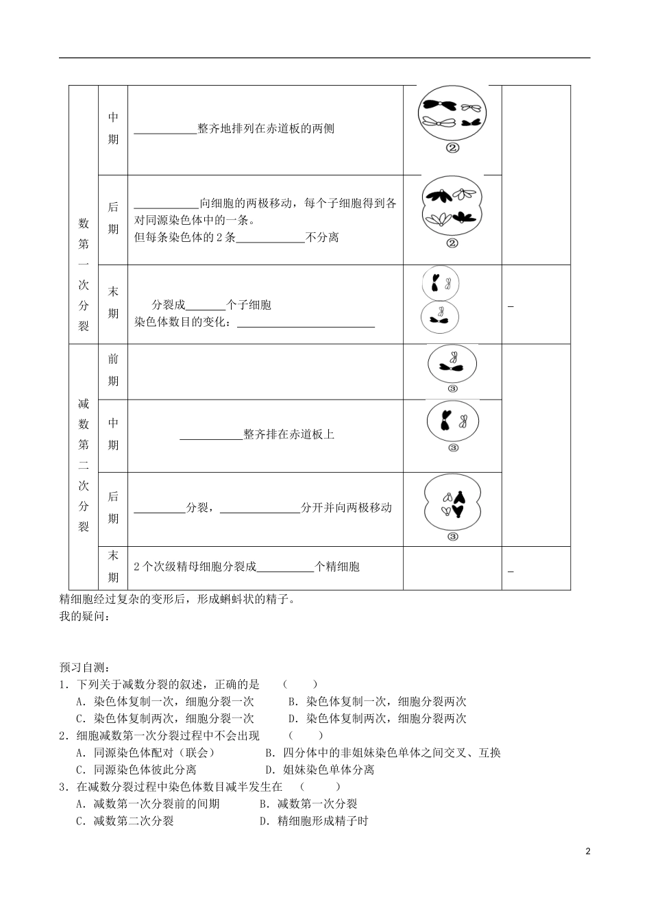 2014年高中生物 2.1 减数分裂导学案 新人教版必修2_第2页