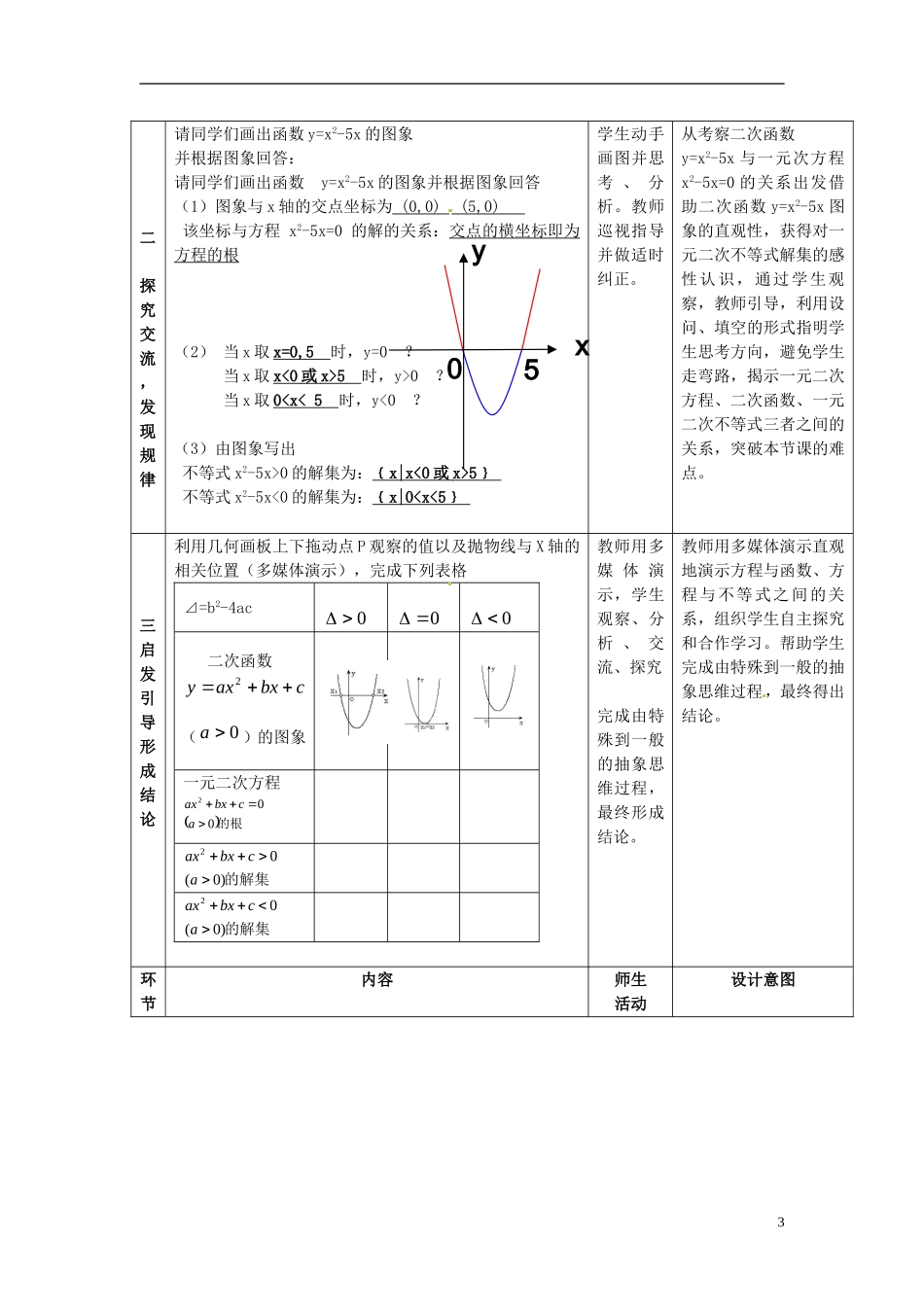 2014年高中数学 3.2 一元二次不等式及其解法说课稿 新人教A版必修5_第3页