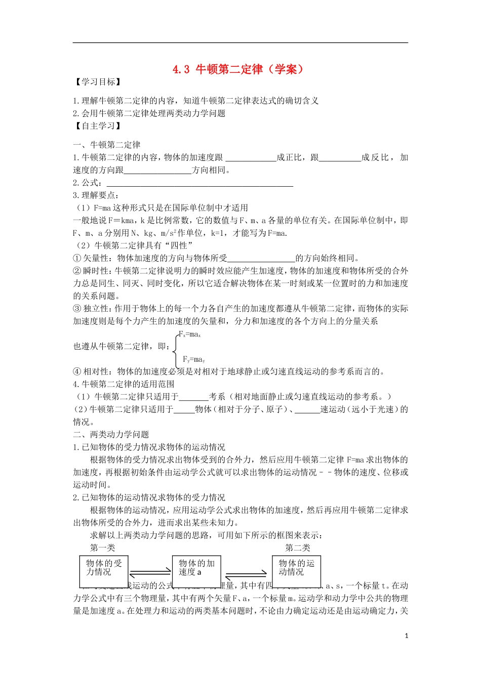 2014年高中物理 4.3 牛顿第二定律学案2 新人教版必修1_第1页