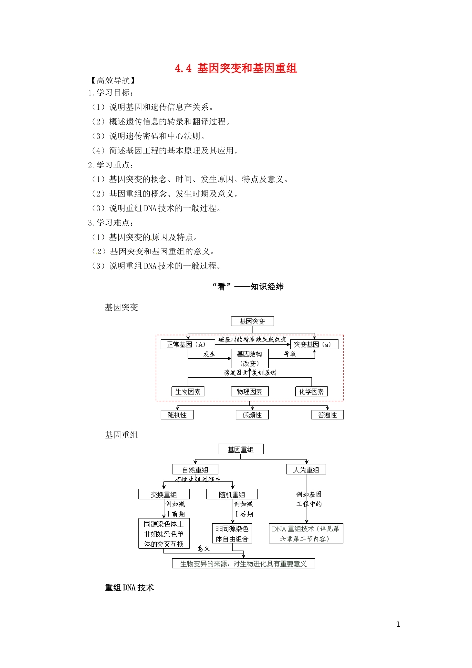 2014年高中物理 4.4 基因突变和基因重组学案 苏教版必修2_第1页