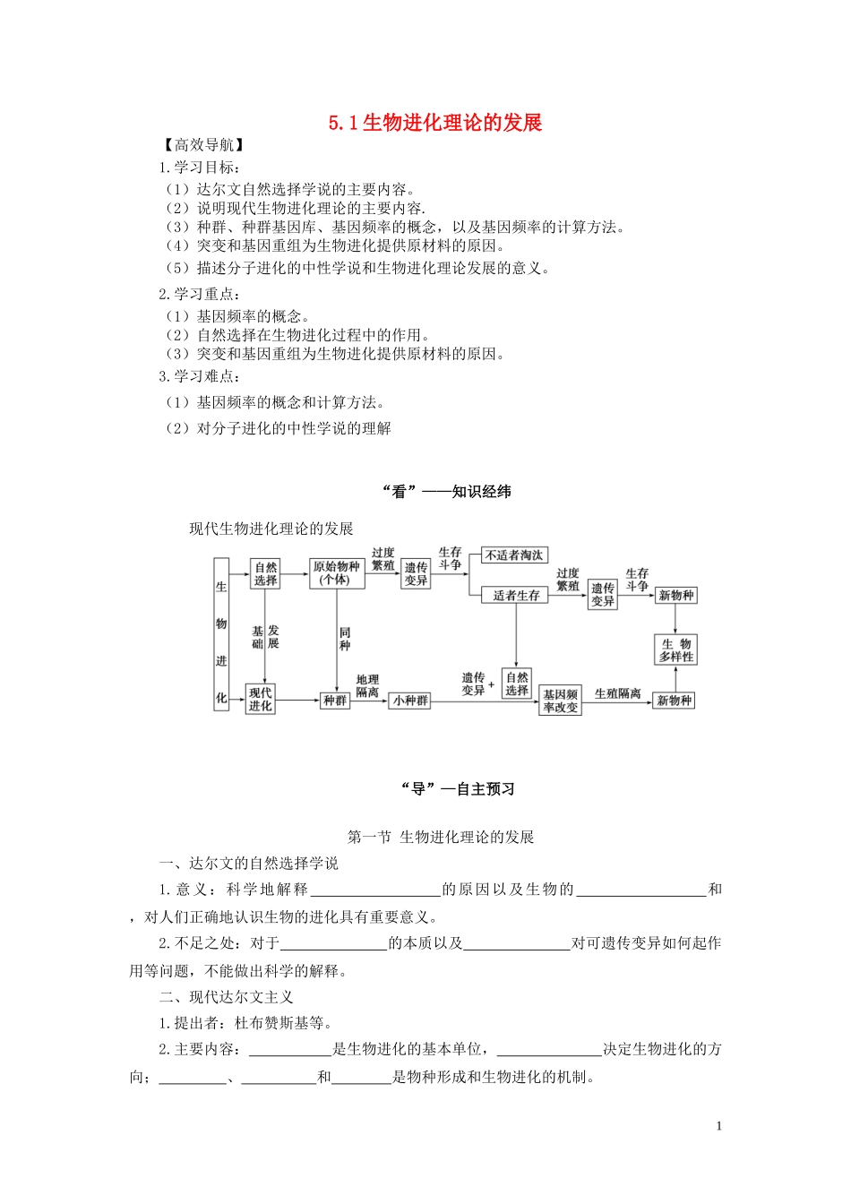 2014年高中物理 5.1 生物进化理论的发展学案 苏教版必修2_第1页