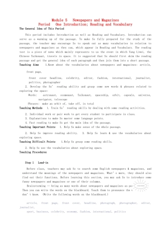 2014年高中英语 Module 5 Newspapers and Magazines教案 外研版必修2