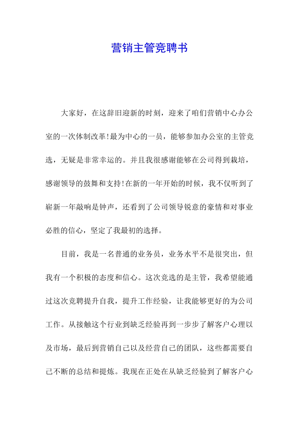 营销主管竞聘书_第1页