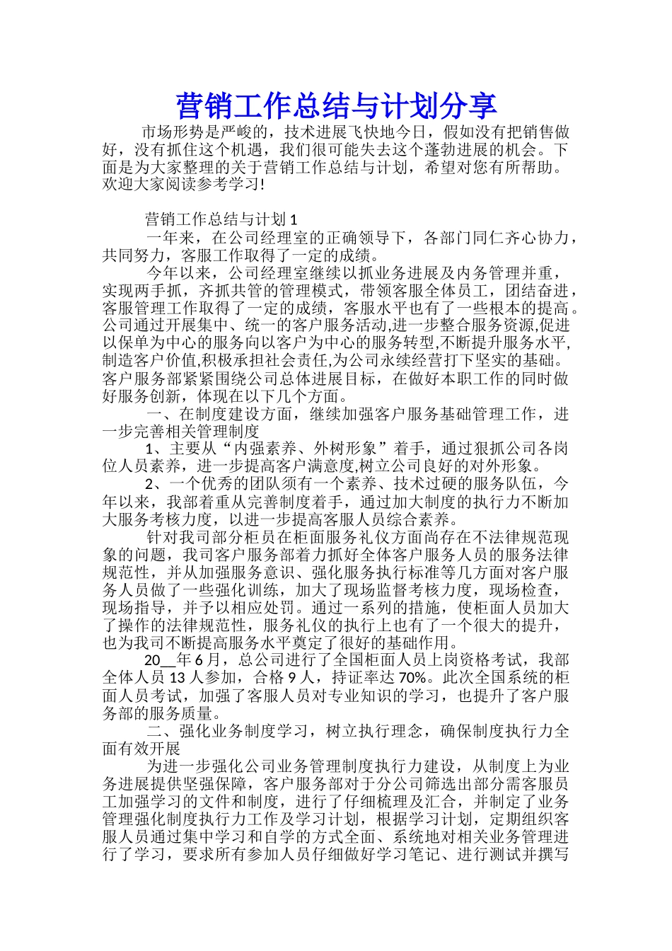 营销工作总结与计划分享_第1页