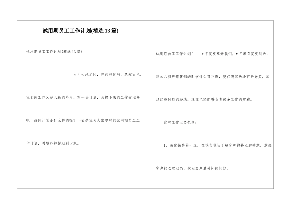试用期员工工作计划(精选13篇)_第1页
