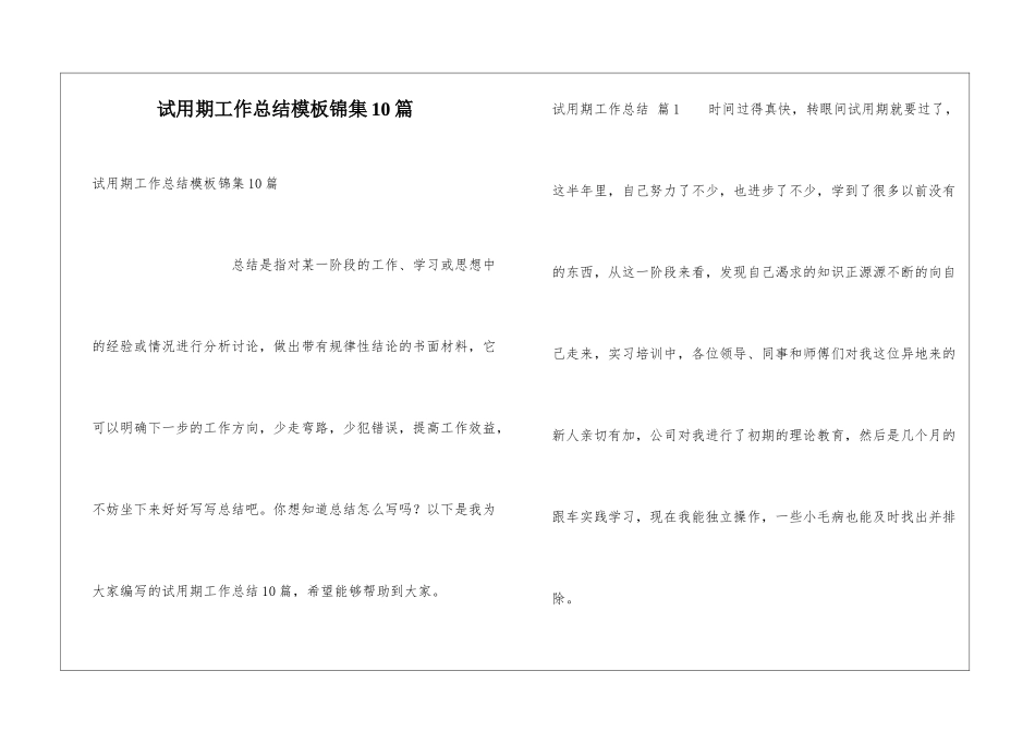 试用期工作总结模板锦集10篇_第1页