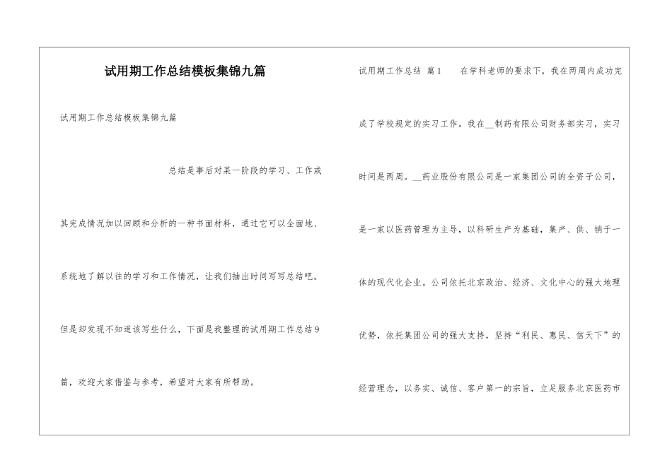 试用期工作总结模板集锦九篇_第1页