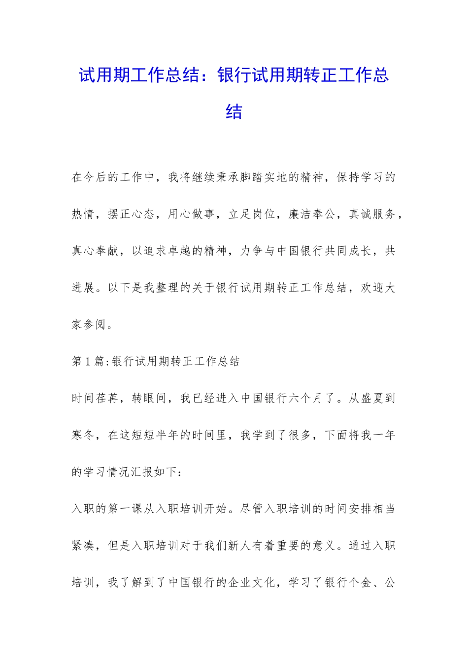 试用期工作总结：银行试用期转正工作总结-_第1页