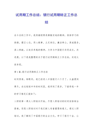 试用期工作总结：银行试用期转正工作总结-