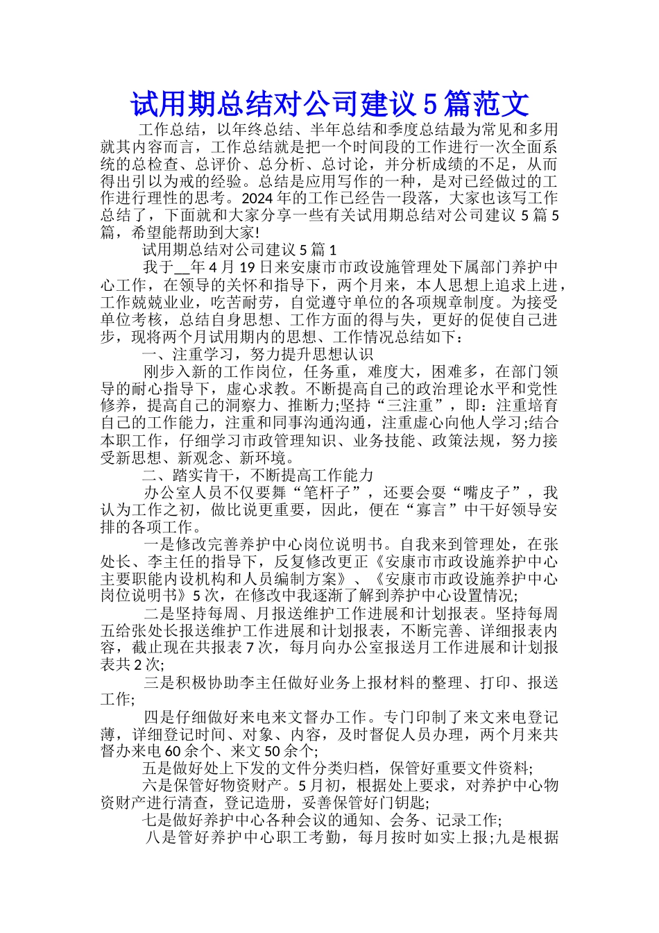 试用期总结对公司建议5篇范文_第1页