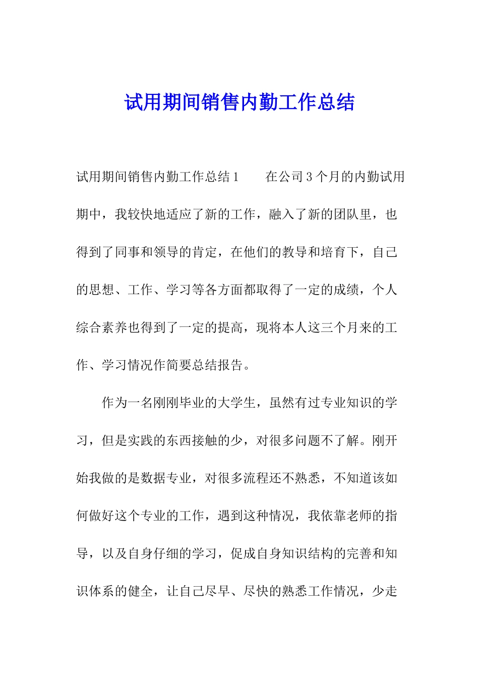 试用期间销售内勤工作总结_第1页