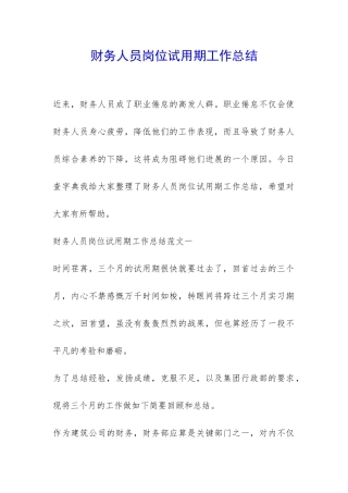 财务人员岗位试用期工作总结-