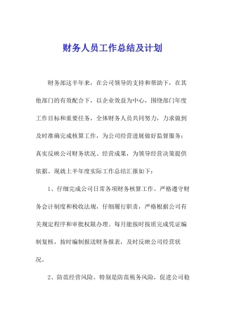 财务人员工作总结及计划