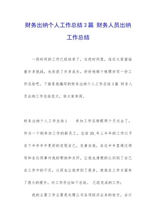 财务出纳个人工作总结3篇-财务人员出纳工作总结