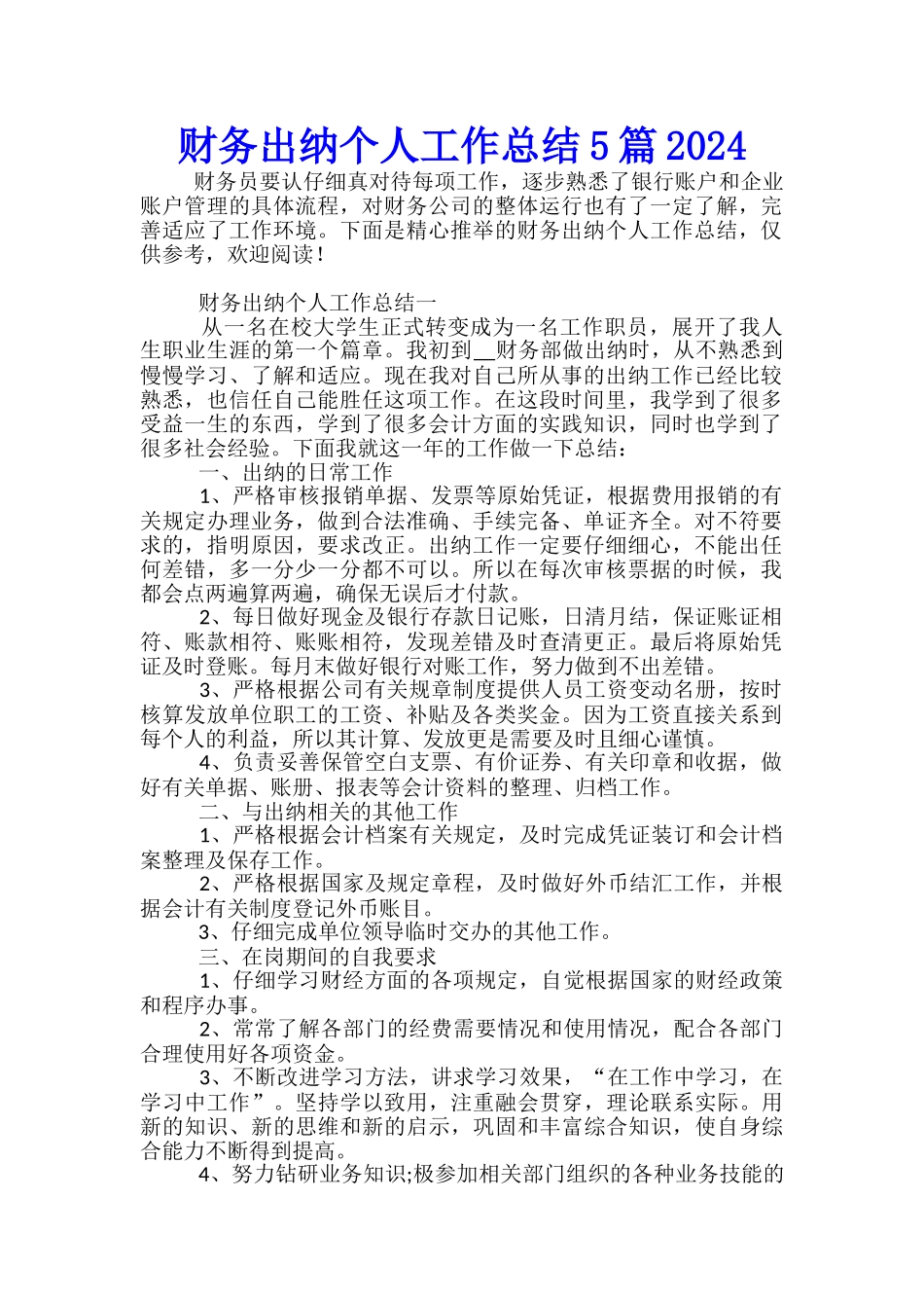 财务出纳个人工作总结5篇2024_第1页