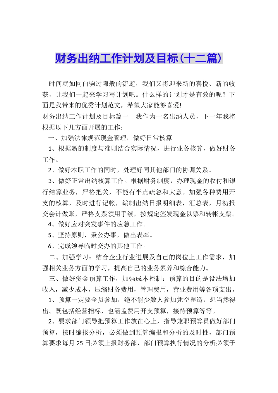 财务出纳工作计划及目标_第1页