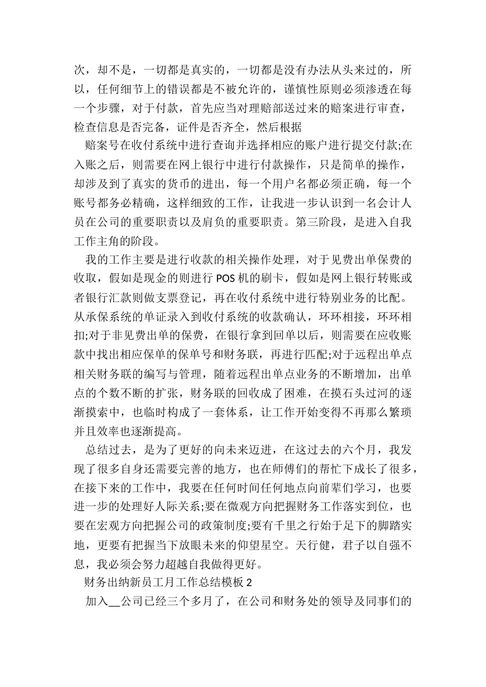财务出纳新员工月工作总结模板5篇_第2页