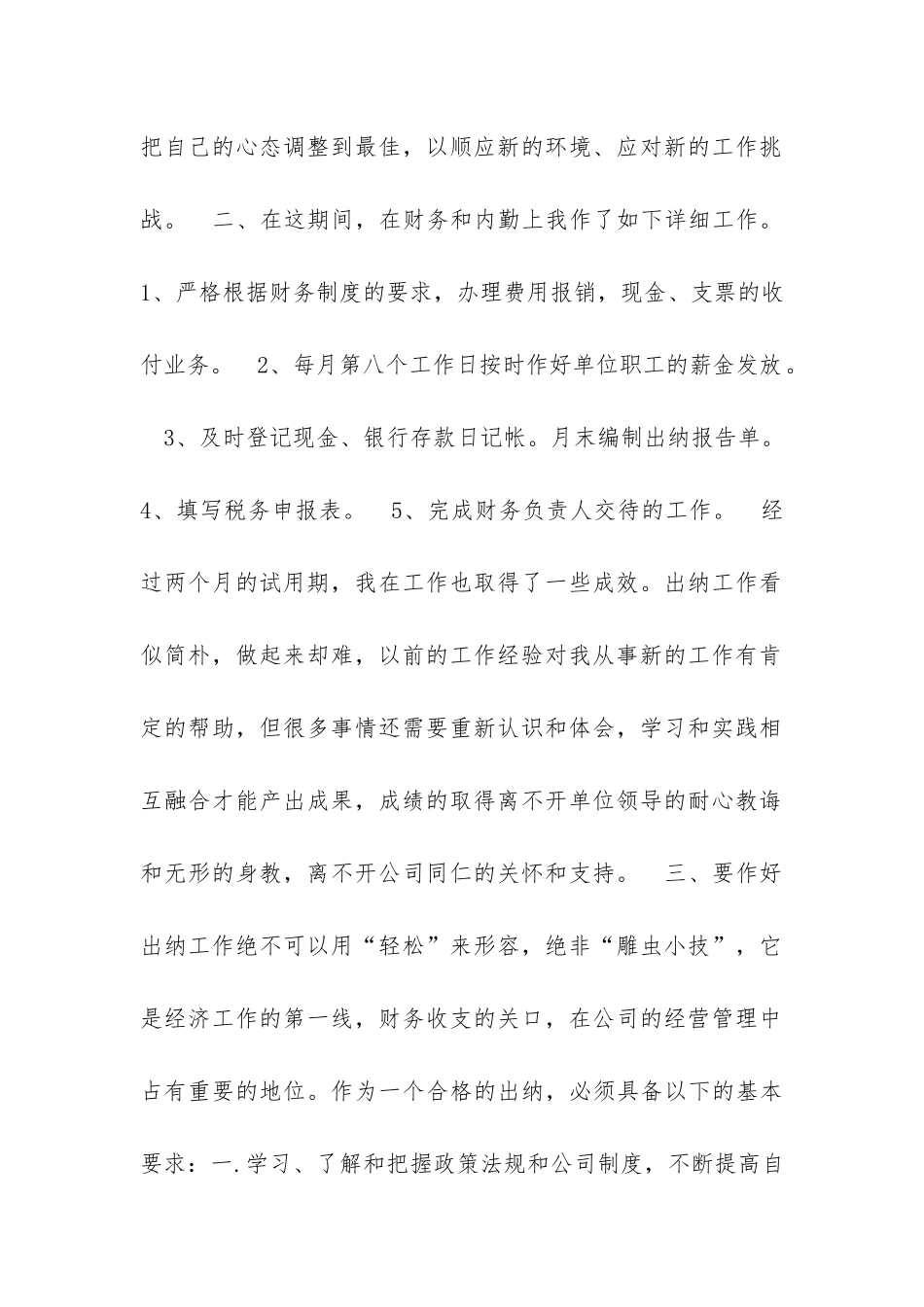 财务出纳试用期转正申请工作的总结范文_第2页