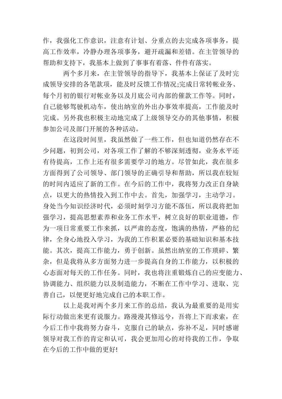 财务出纳试用期工作总结3篇_第2页