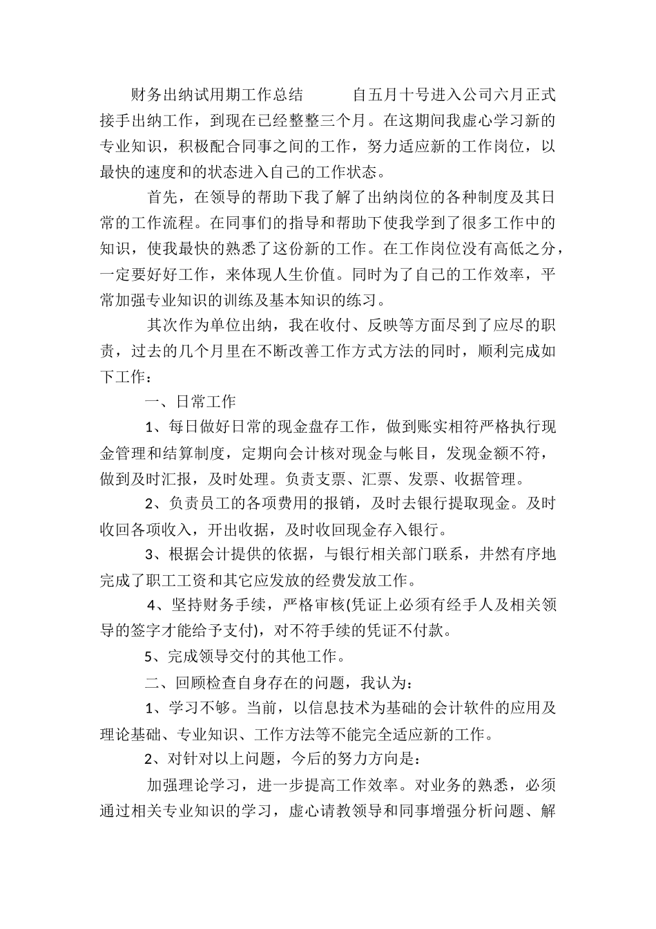 财务出纳试用期工作总结3篇_第3页