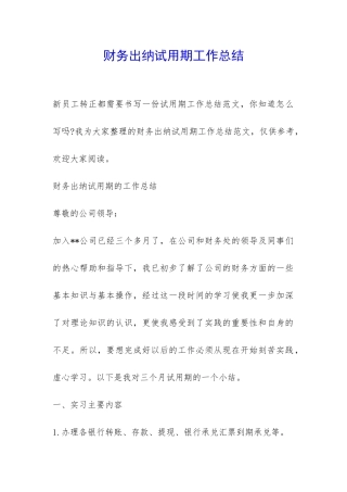 财务出纳试用期工作总结-