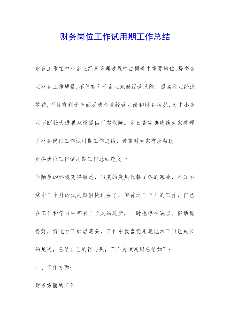 财务岗位工作试用期工作总结-_第1页