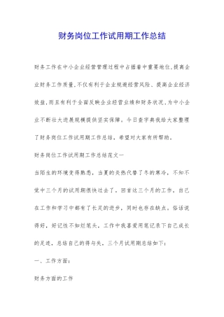 财务岗位工作试用期工作总结-