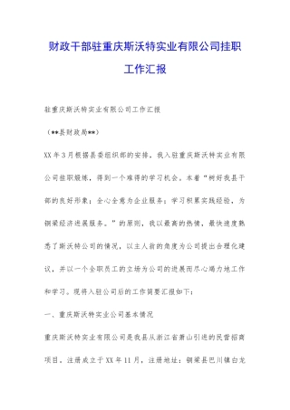 财政干部驻重庆斯沃特实业有限公司挂职工作汇报-