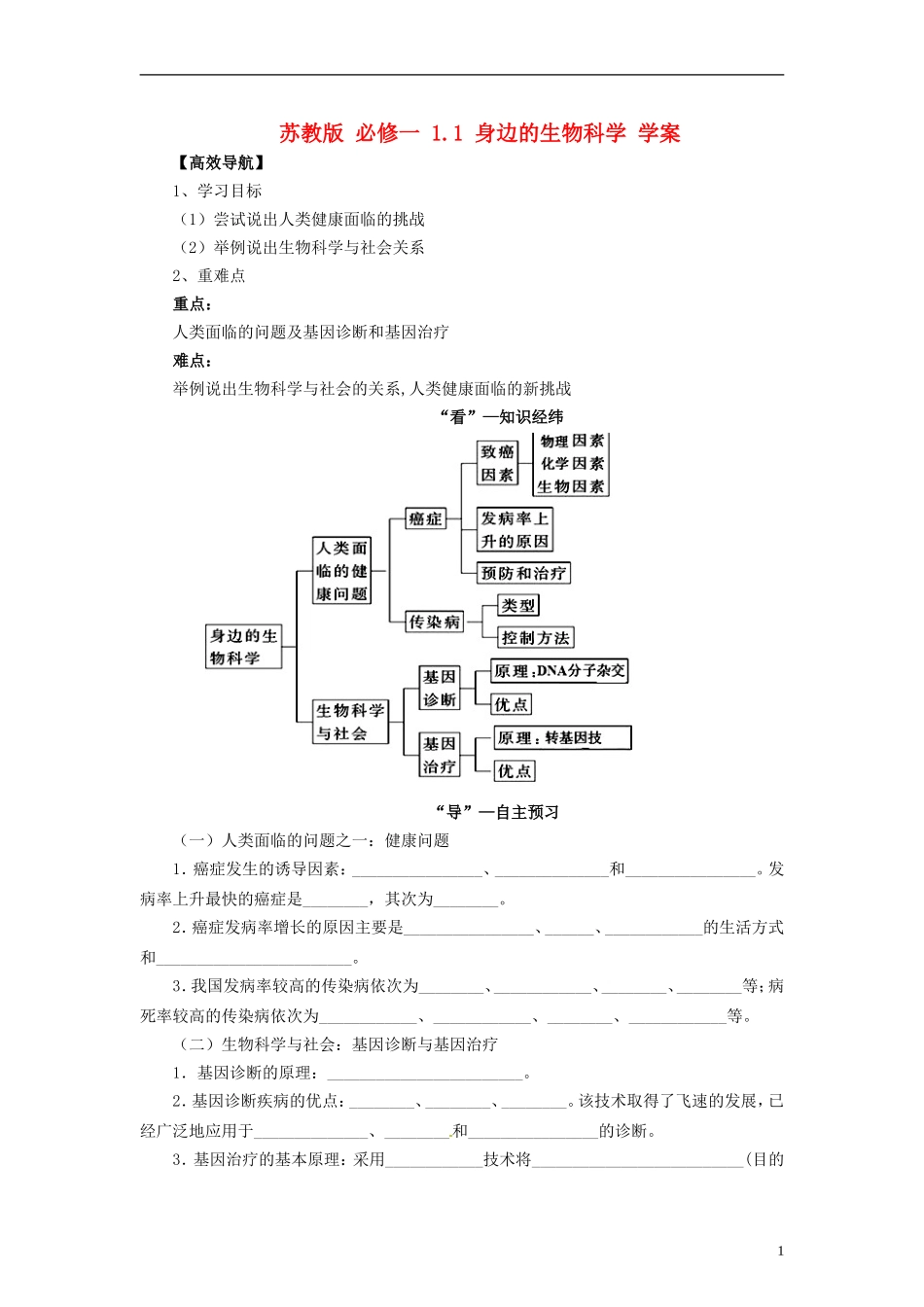 2014高中生物 1.1 身边的生物科学学案 苏教版必修1_第1页