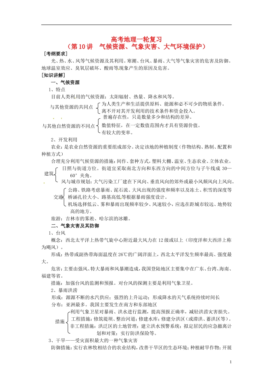 2014高考地理一轮复习 （考纲要求+知识讲解+能力训练） 第10讲 气候资源、气象灾害、大气环境保护教案 新人教版_第1页