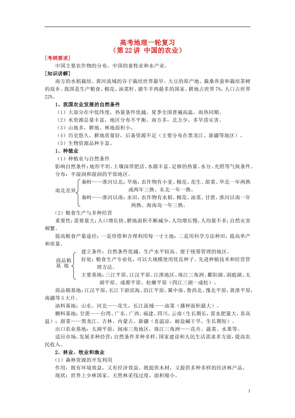 2014高考地理一轮复习 （考纲要求+知识讲解+能力训练） 第22讲 中国的农业教案 新人教版_第1页