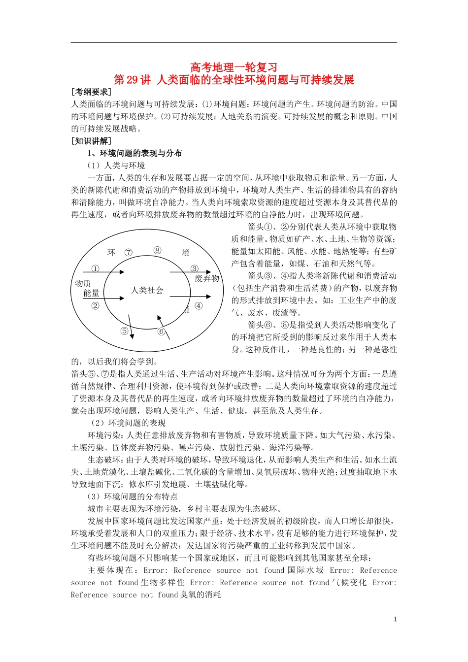 2014高考地理一轮复习 （考纲要求+知识讲解+能力训练） 第29讲 人类面临的全球性环境问题与可持续发展教案 新人教版_第1页