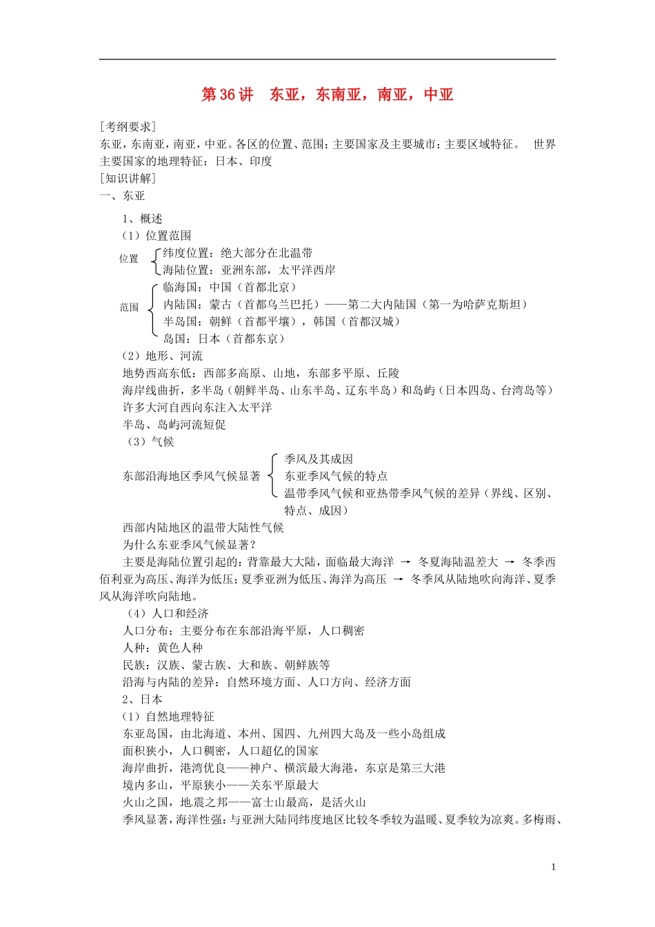 2014高考地理一轮复习 （考纲要求+知识讲解+能力训练） 第36讲 东亚 东南亚 南亚 中亚教案 新人教版_第1页