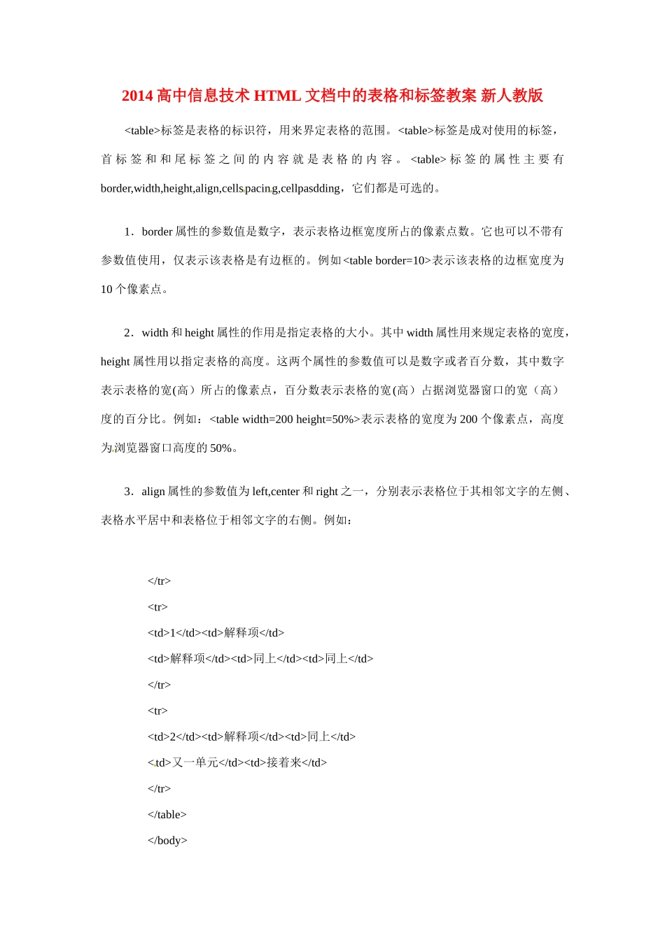 2014高中信息技术 HTML文档中的表格和标签教案 新人教版_第1页