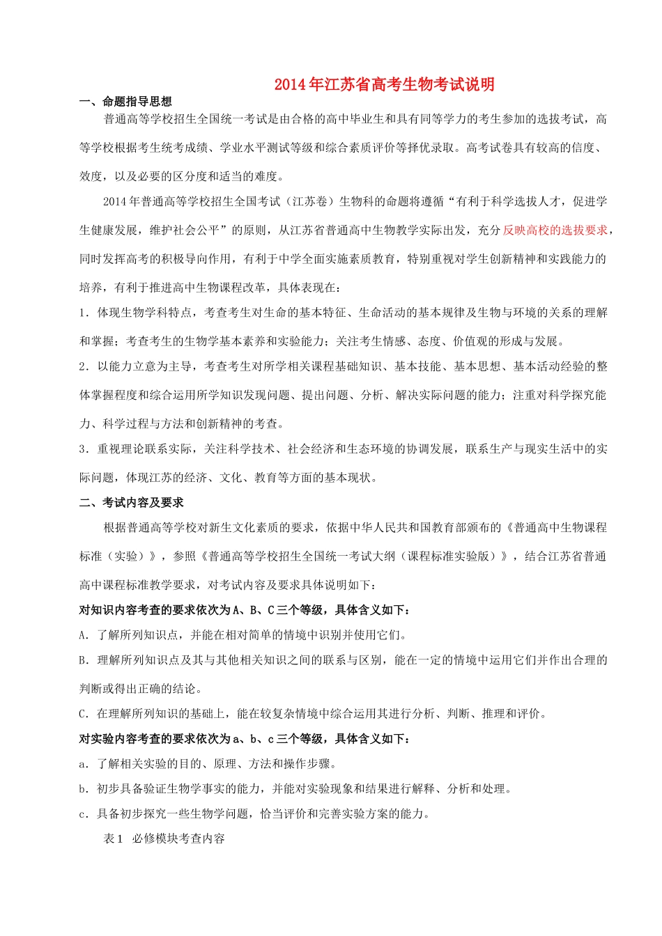 2014江苏高考生物 考试说明_第1页