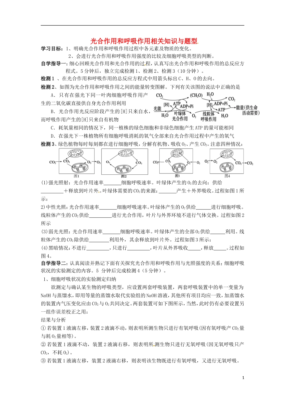 2014高中生物 5.4 光合作用和 呼吸作用相关知识与题型导学案 新人教版必修1_第1页