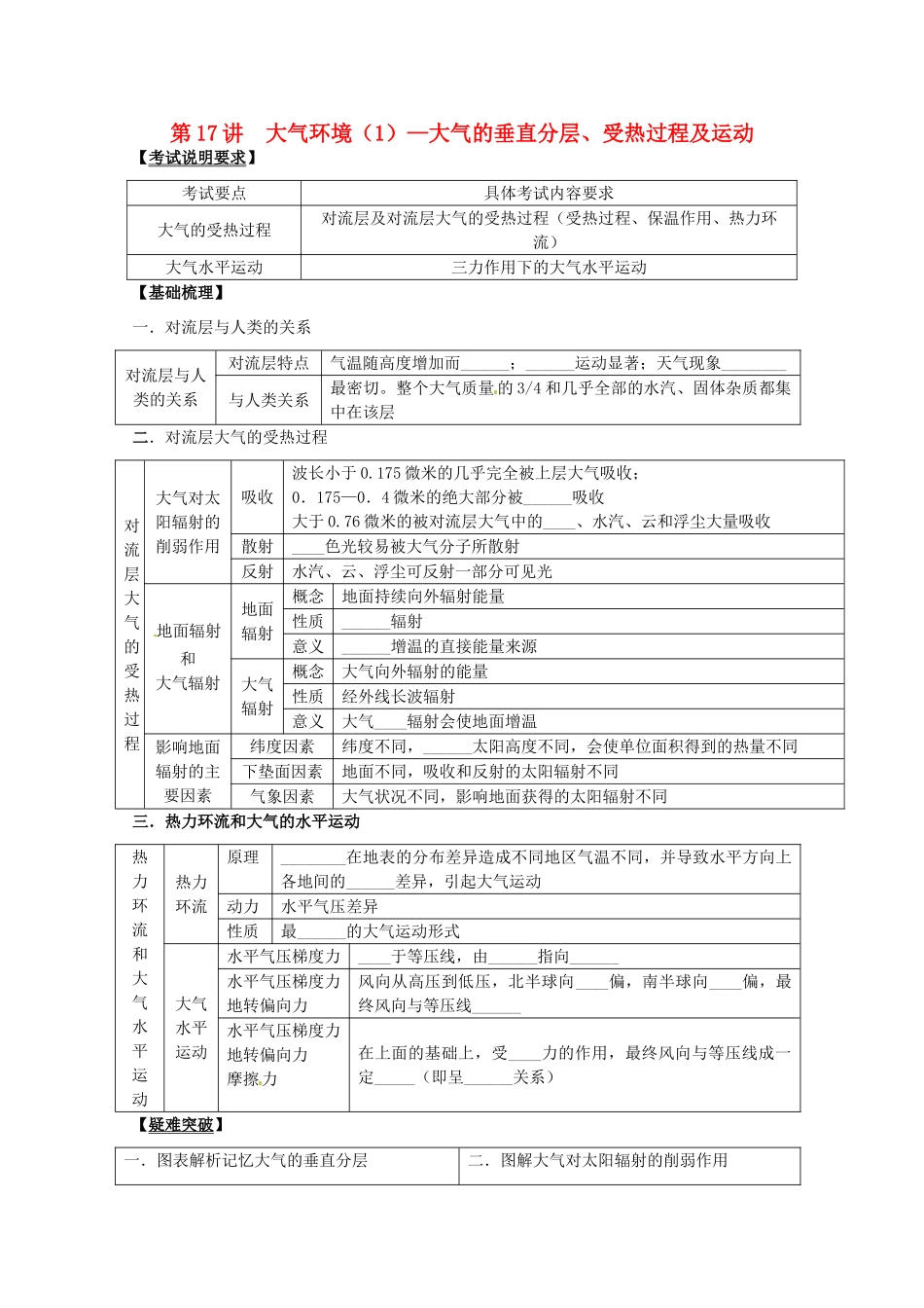 2014高考地理一轮全程复习方案 第17讲 大气环境（1）大气的垂直分层、受热过程及运动 湘教版_第1页
