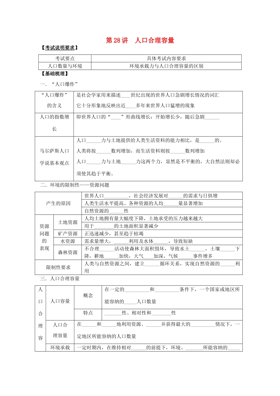 2014高考地理一轮全程复习方案 第28讲 人口合理容量与人口迁移 湘教版_第1页