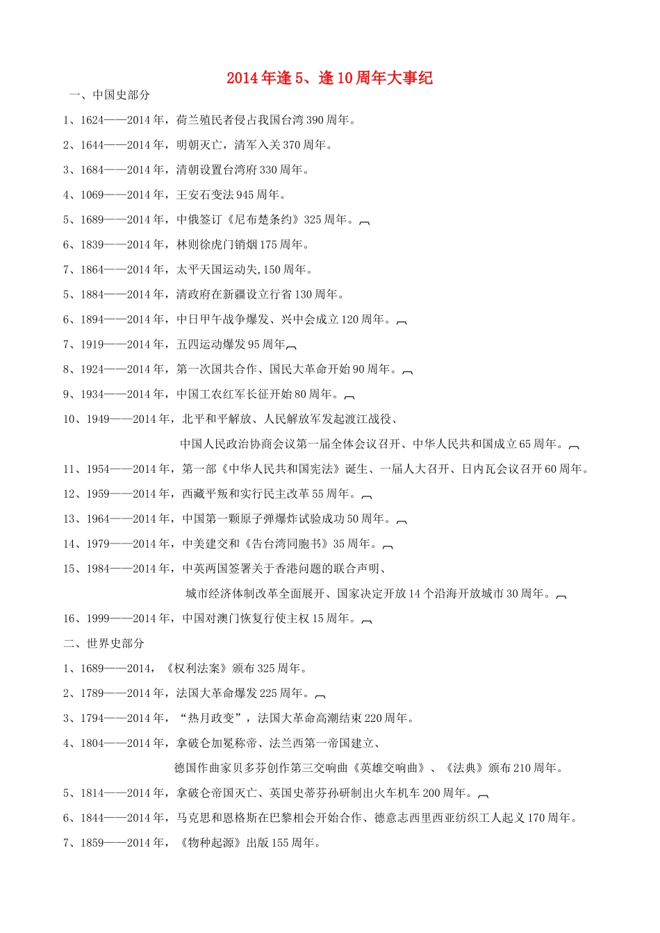 2014年高考历史逢5、逢10周年大事记素材_第1页