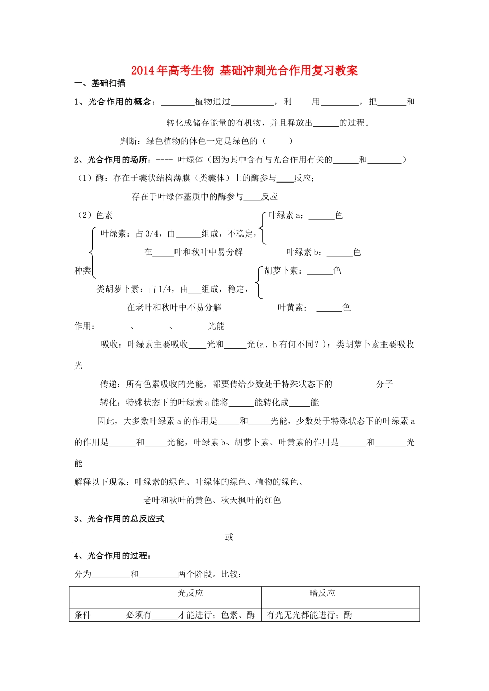 2014年高考生物 基础冲刺 光合作用复习教案_第1页