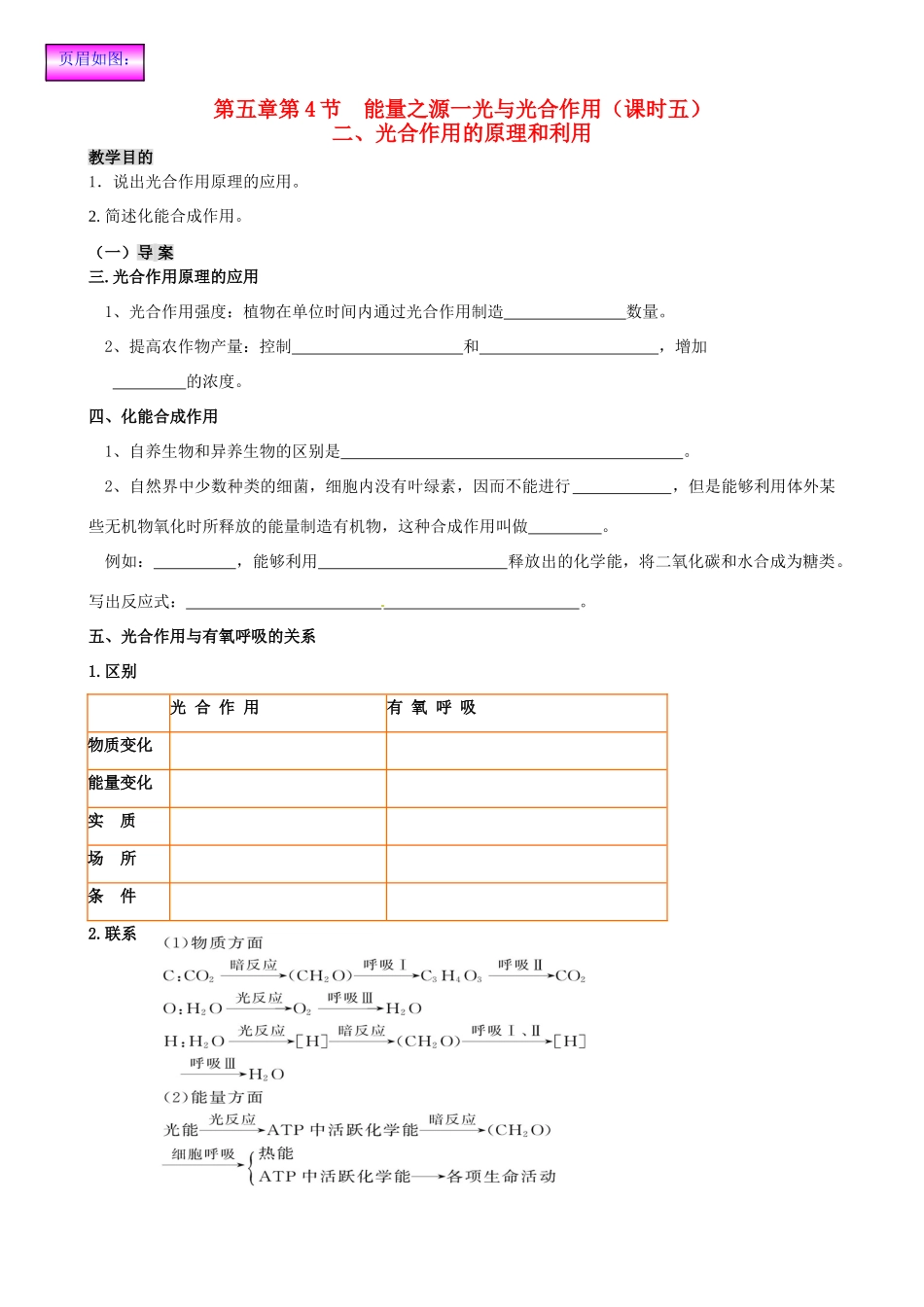 2014高中生物 第五章第4节 能量之源一光与光合作用（课时五）教案 新人教版必修1_第1页