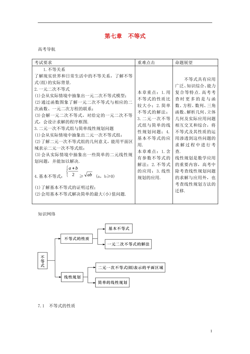2014高考数学一轮总复习 7.1 不等式的性质教案 理 新人教A版_第1页