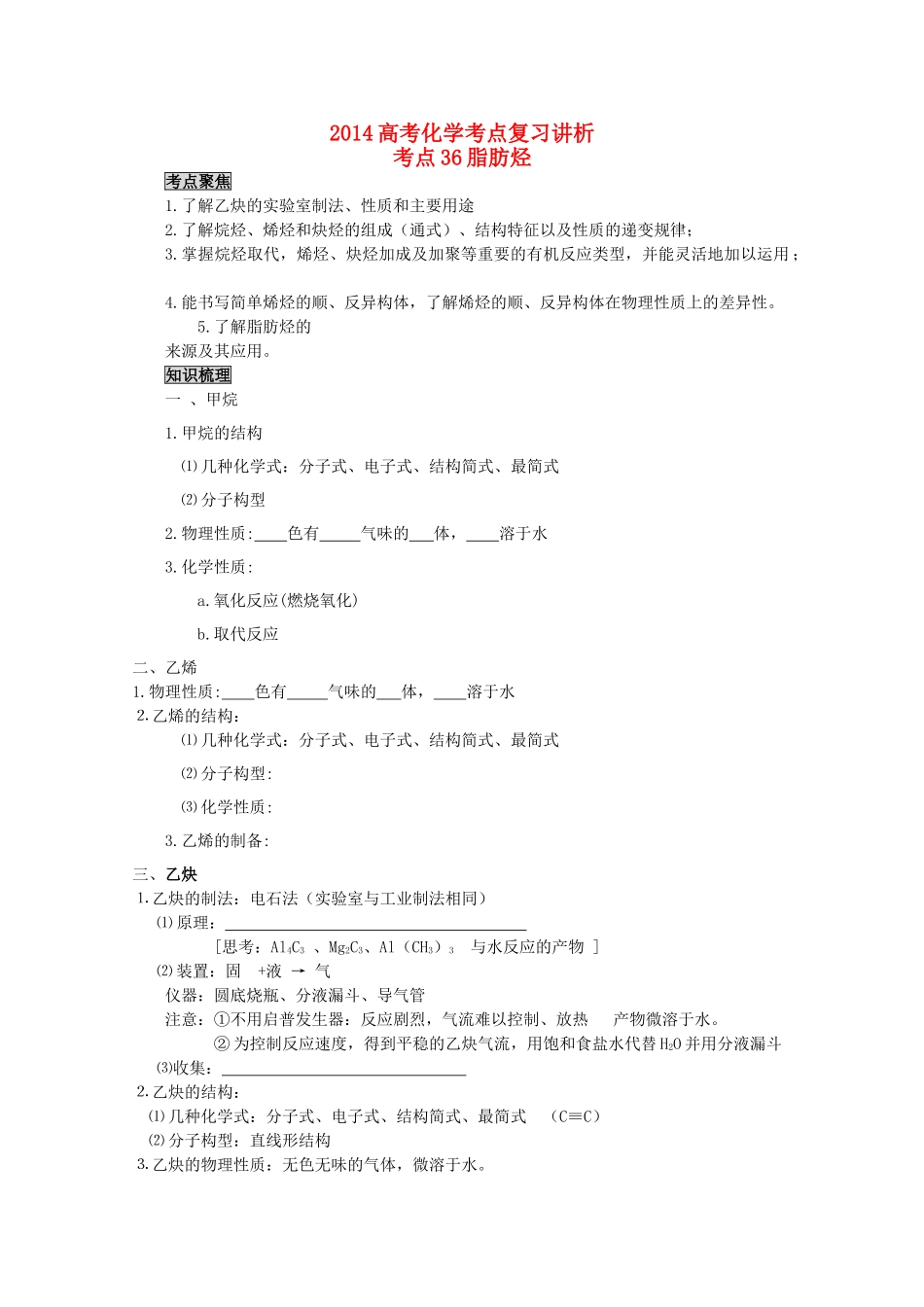 2014高考化学 脂肪烃考点复习学案_第1页