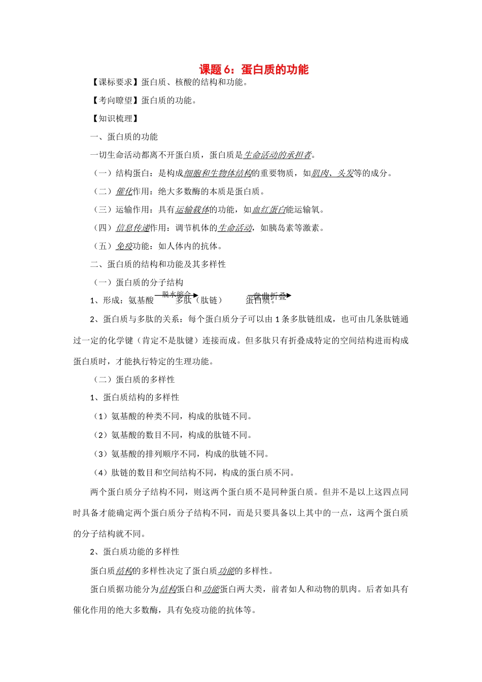 2014年高考生物 同步讲练结合素材 课题6 蛋白质的功能 中图版必修1_第1页