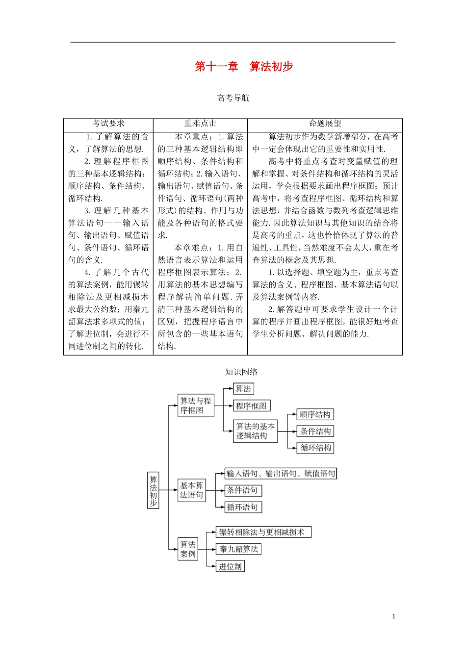 2014高考数学一轮总复习 11.1 算法的含义与程序框图教案 理 新人教A版_第1页