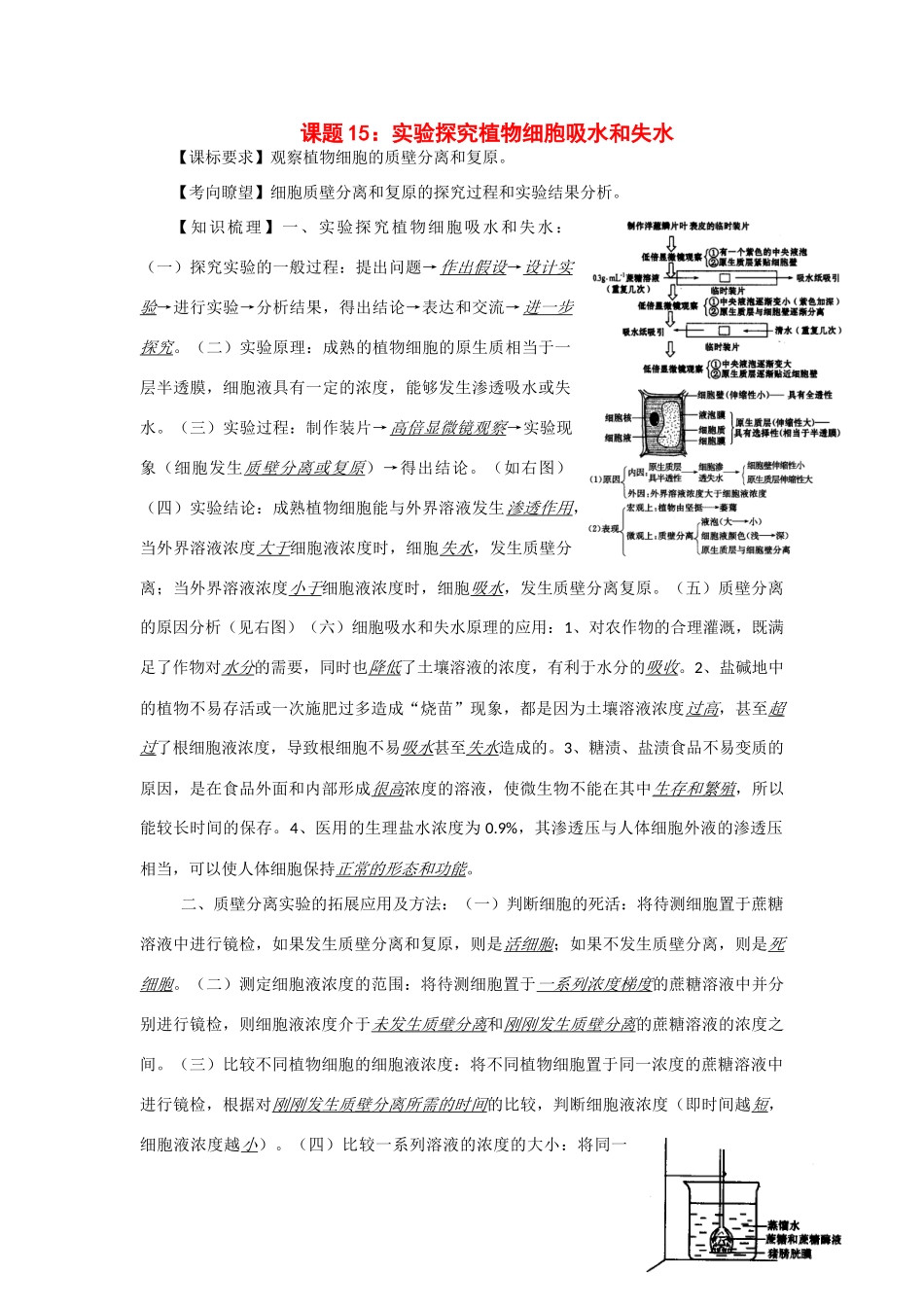 2014年高考生物 同步讲练结合素材 课题15 细胞的失水和吸水实验 中图版必修1_第1页