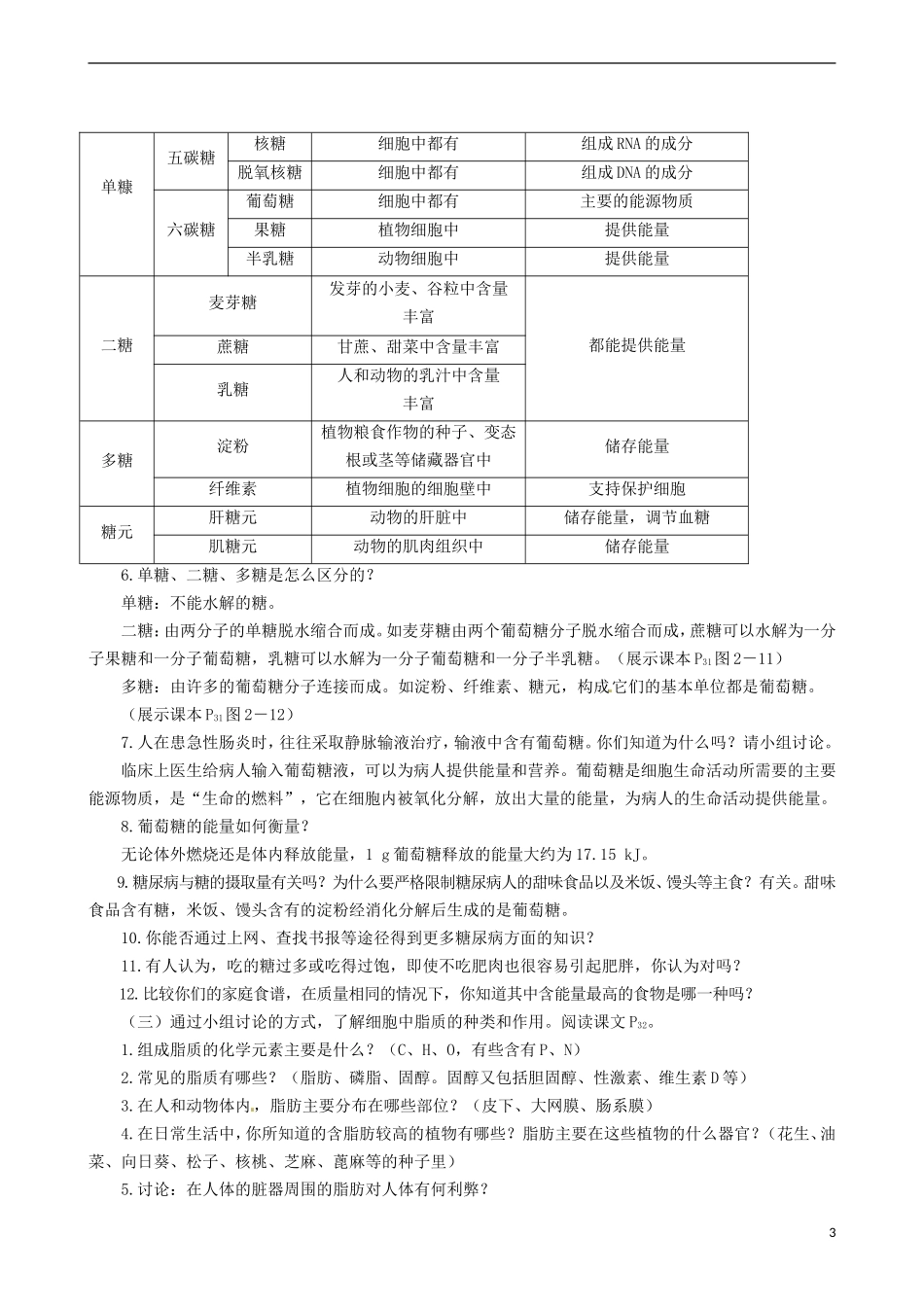 2014高中生物 细胞中的糖类和脂质教学案 新人教版必修1_第3页